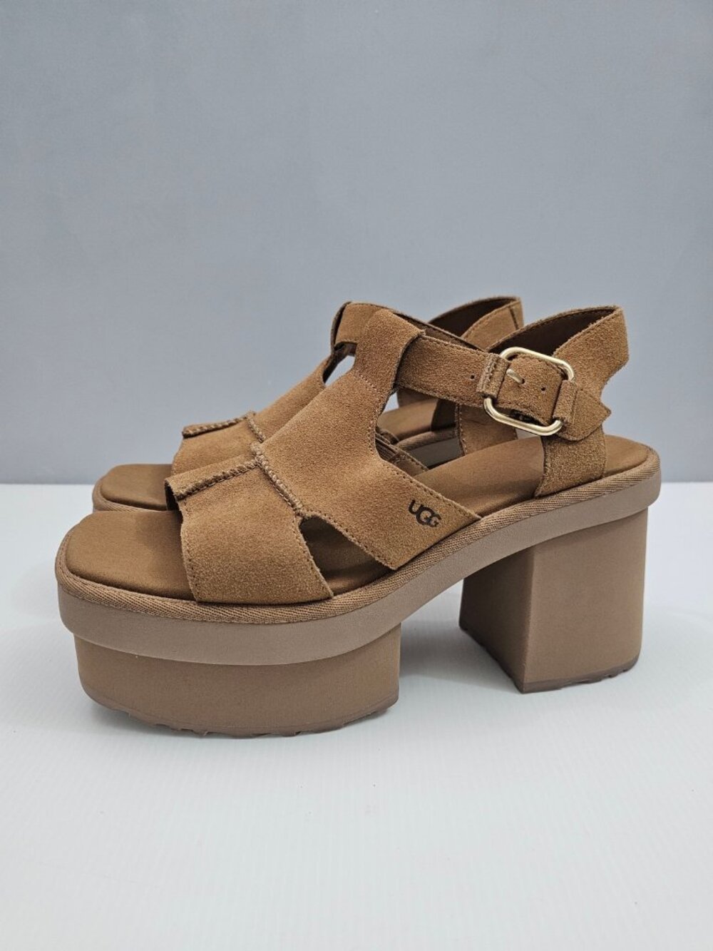 UGG New Heights Platform Sandal Womens 10 Chesnut Brown Suede T Strap Block Heel